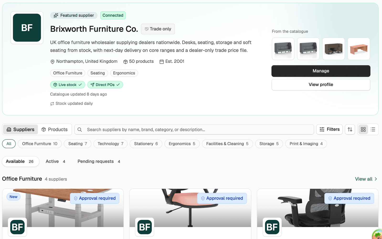 The supplier directory as a shop sees it: a supplier profile with its ranges, trade terms, live stock and direct purchase orders