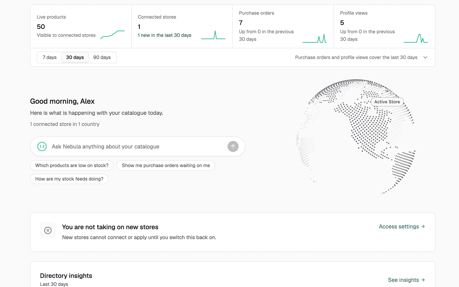 The supplier dashboard home: live products, connected stores, purchase orders and profile views, with a globe of the connected stores