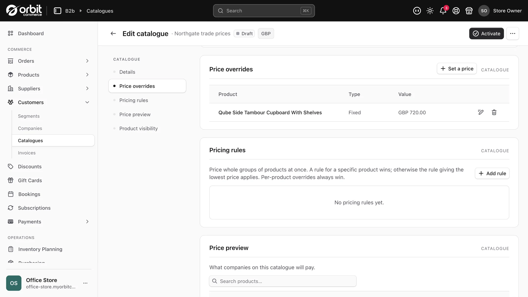 A price catalogue showing a per product price override and a pricing rules section explaining which price wins
