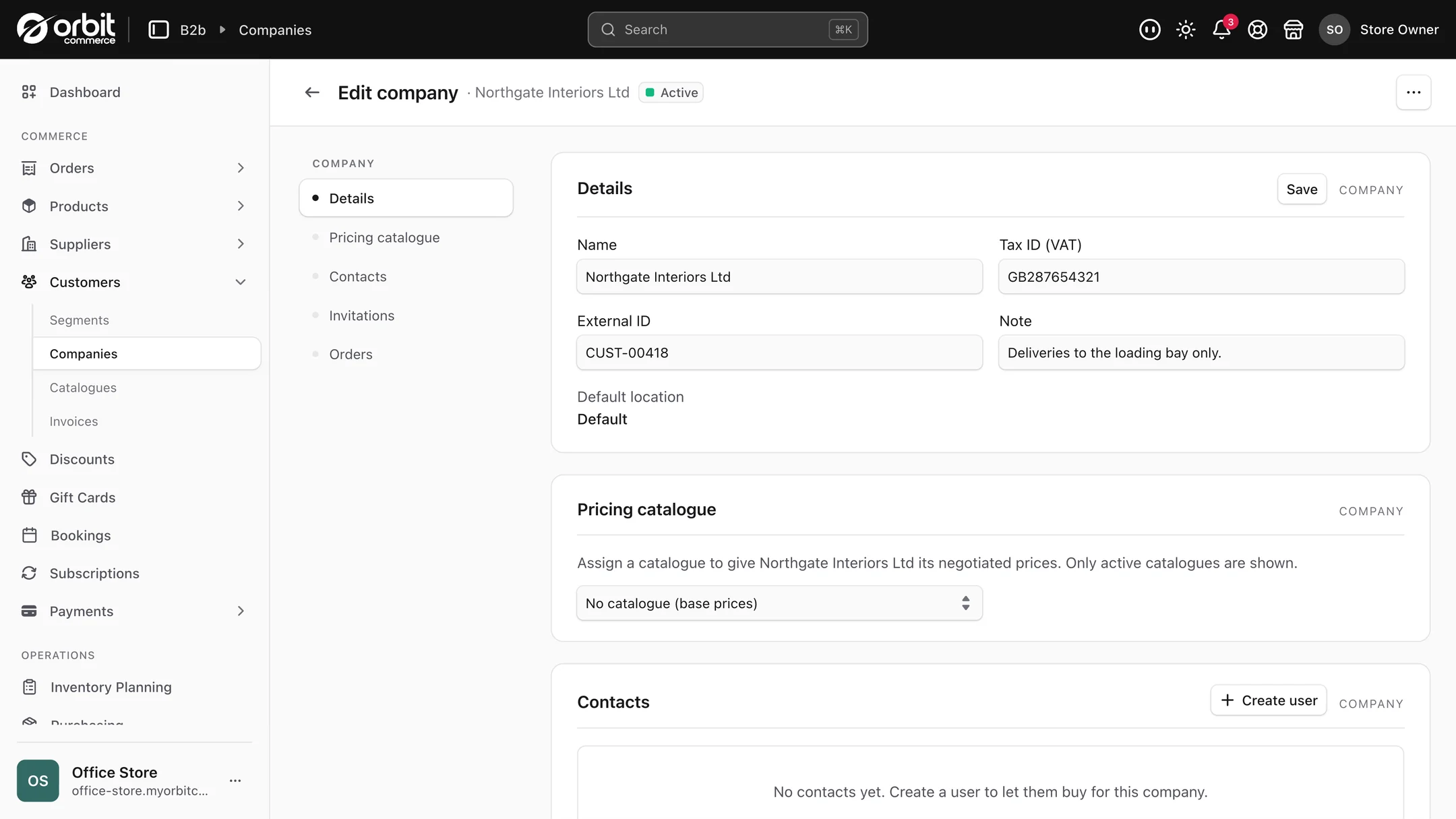A trade company record in Orbit Commerce showing its name, VAT number, assigned pricing catalogue and contacts