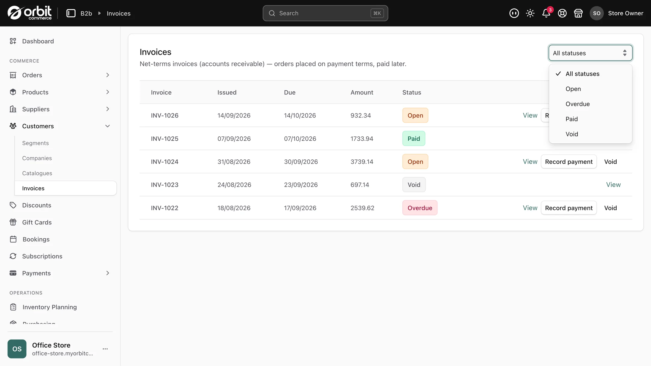 The B2B Invoices list showing invoices with Open, Overdue, Paid and Void statuses and a Record payment action