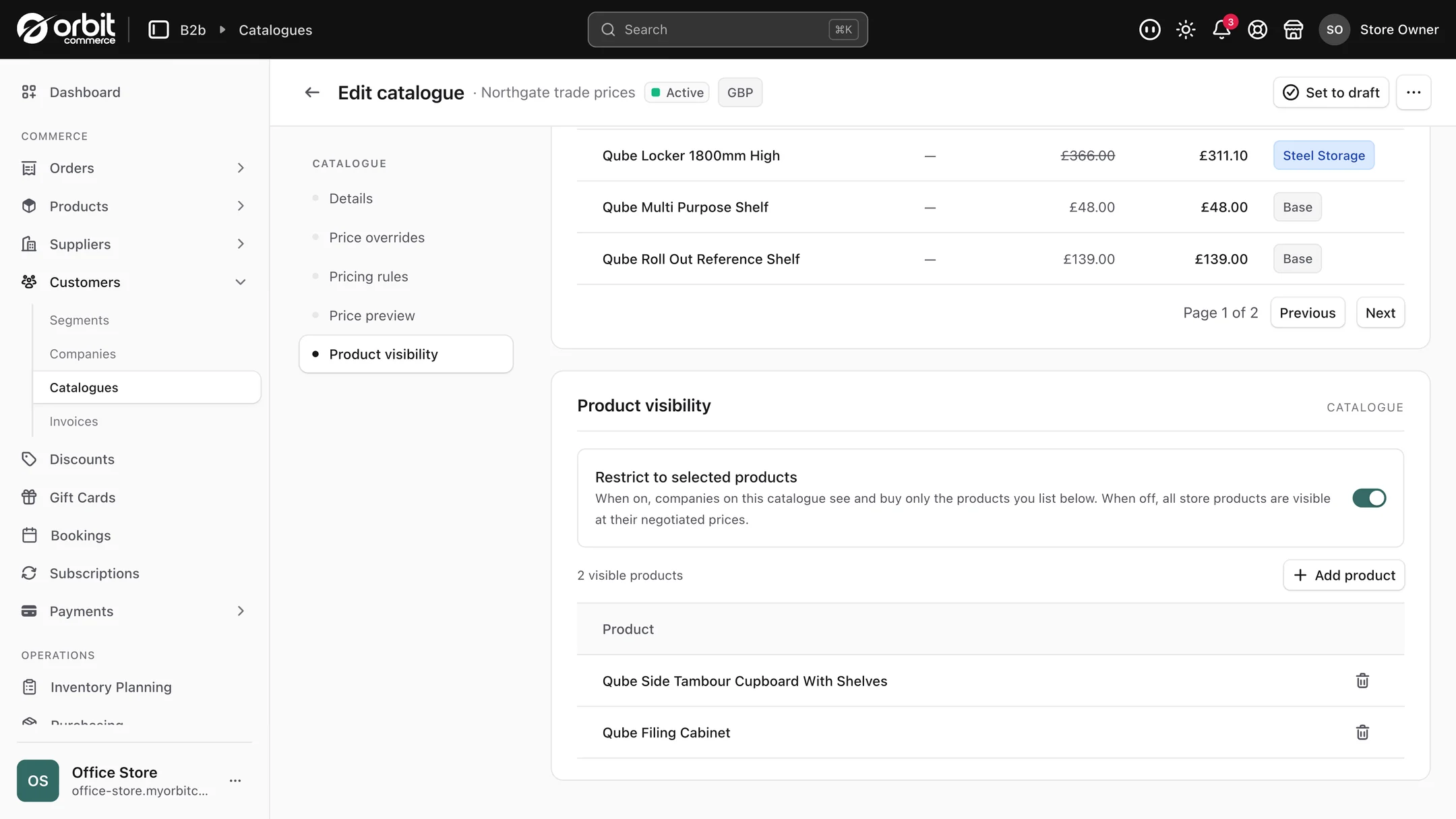 The Product visibility panel on a catalogue with Restrict to selected products switched on and two products listed