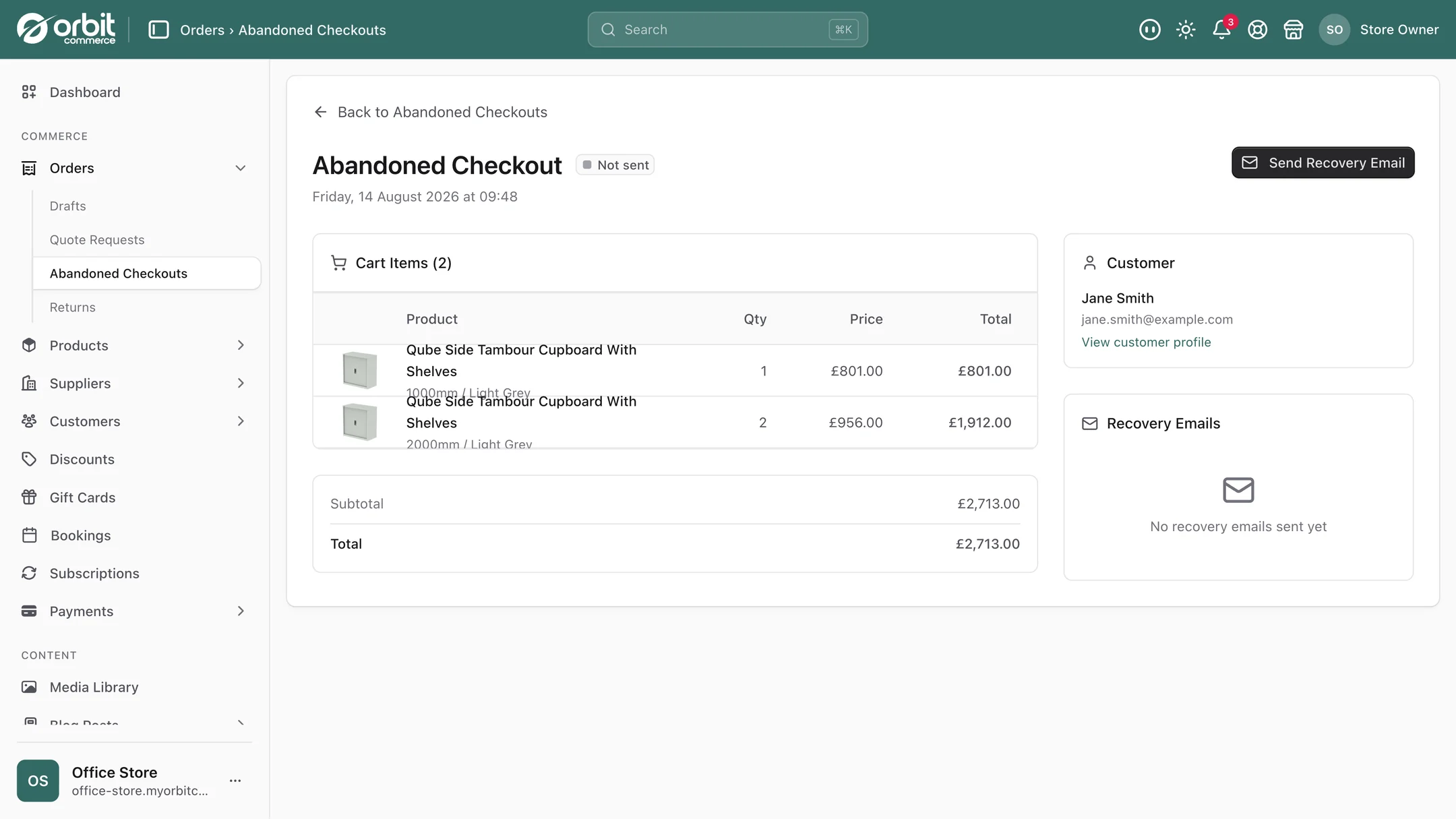 A single abandoned checkout showing the basket contents, totals, the customer and any recovery emails sent