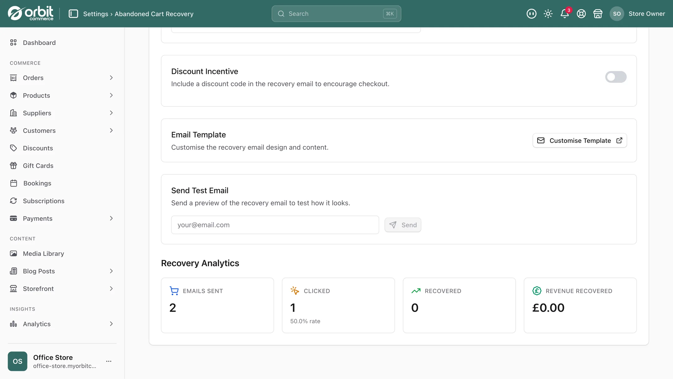 The lower half of the abandoned cart settings showing a discount incentive toggle, an email template link and recovery analytics