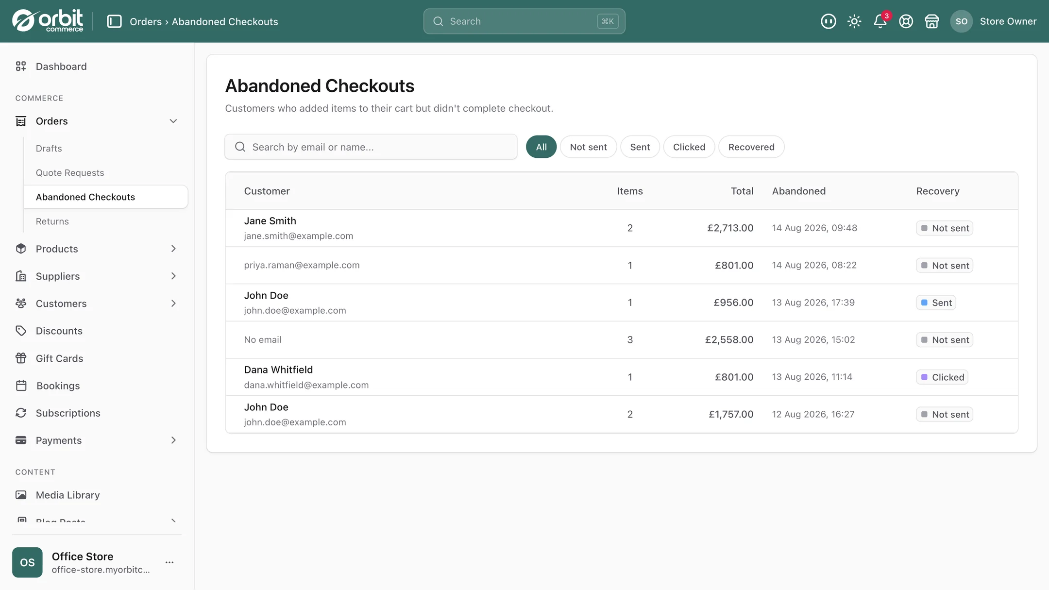 The Abandoned Checkouts list in Orbit Commerce showing customers, basket totals and whether a recovery email was sent, clicked or recovered