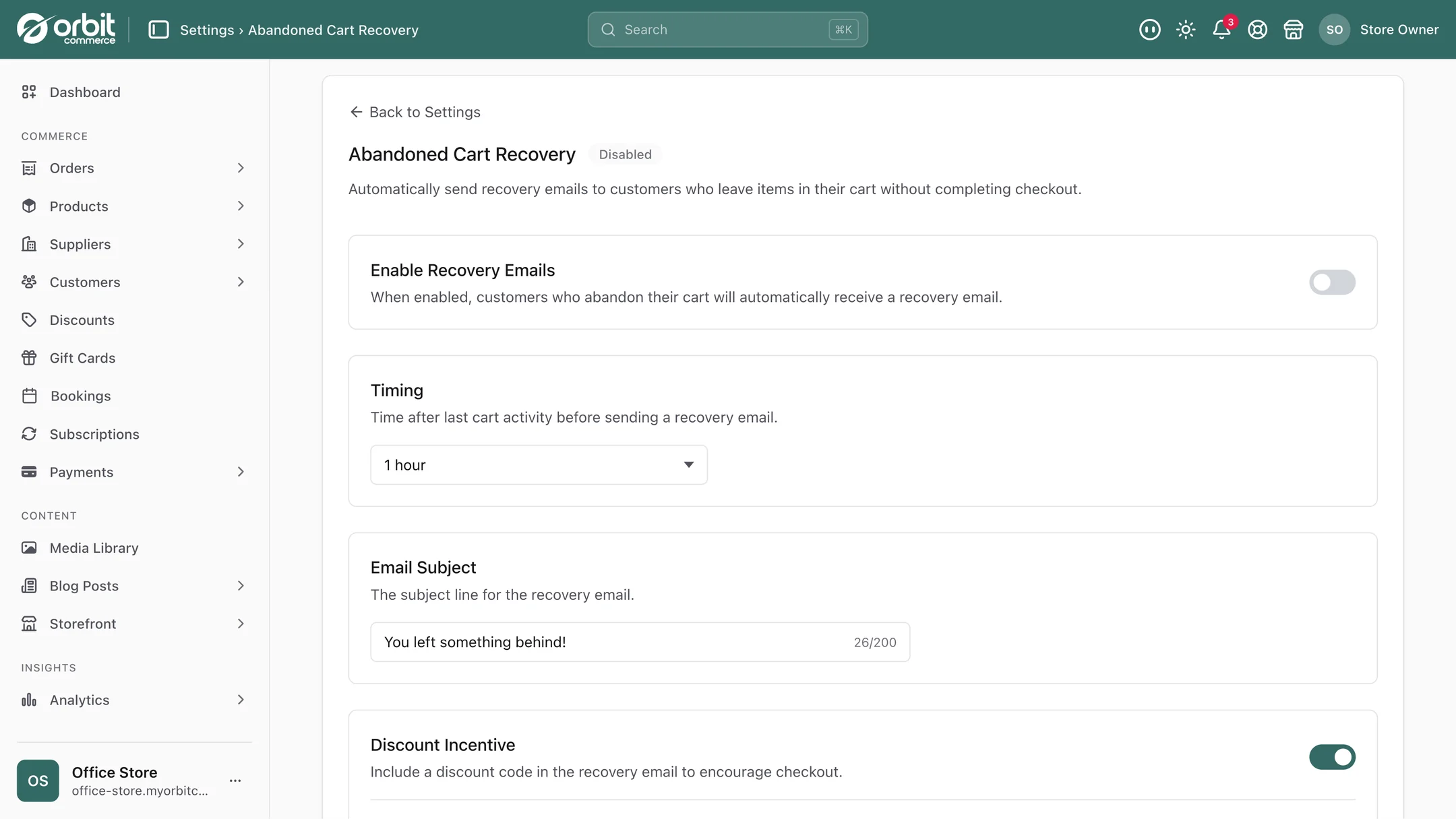 The Abandoned Cart Recovery settings showing recovery emails enabled, a timing dropdown and a subject line