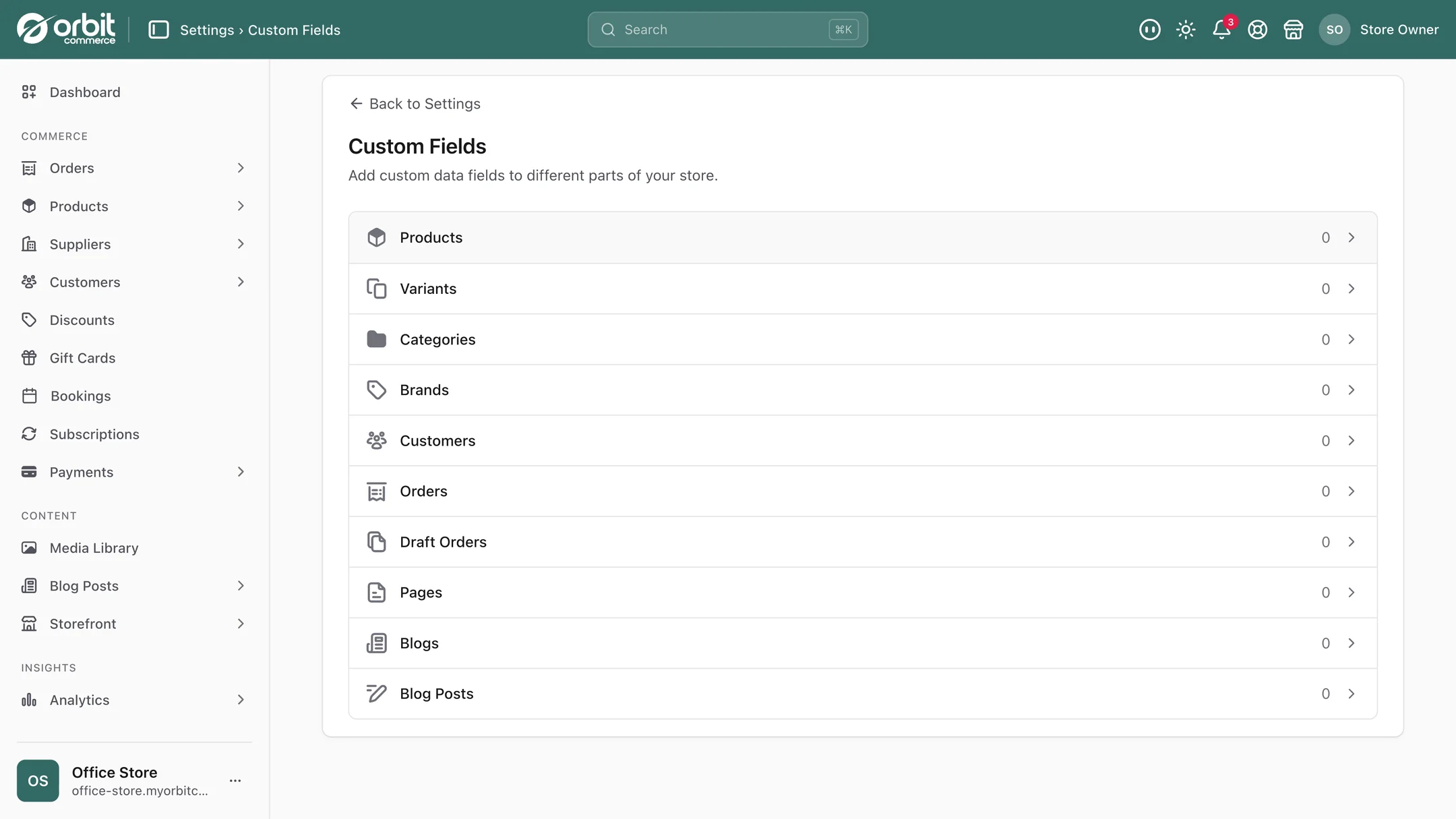 The Custom Fields settings page in Orbit Commerce, listing the ten parts of a shop that can carry custom fields