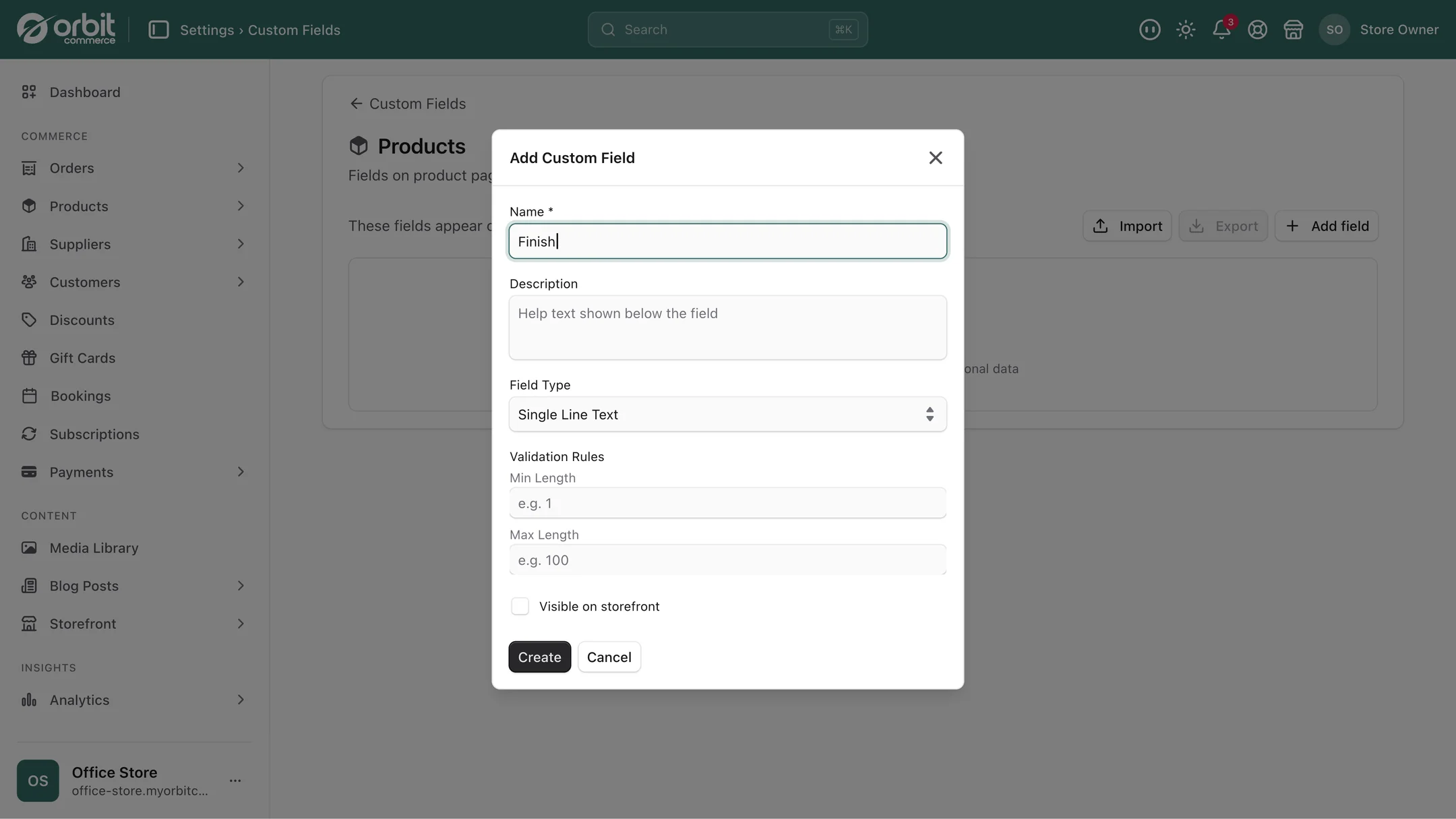 The Add Custom Field dialog showing Validation Rules with Min Length and Max Length boxes