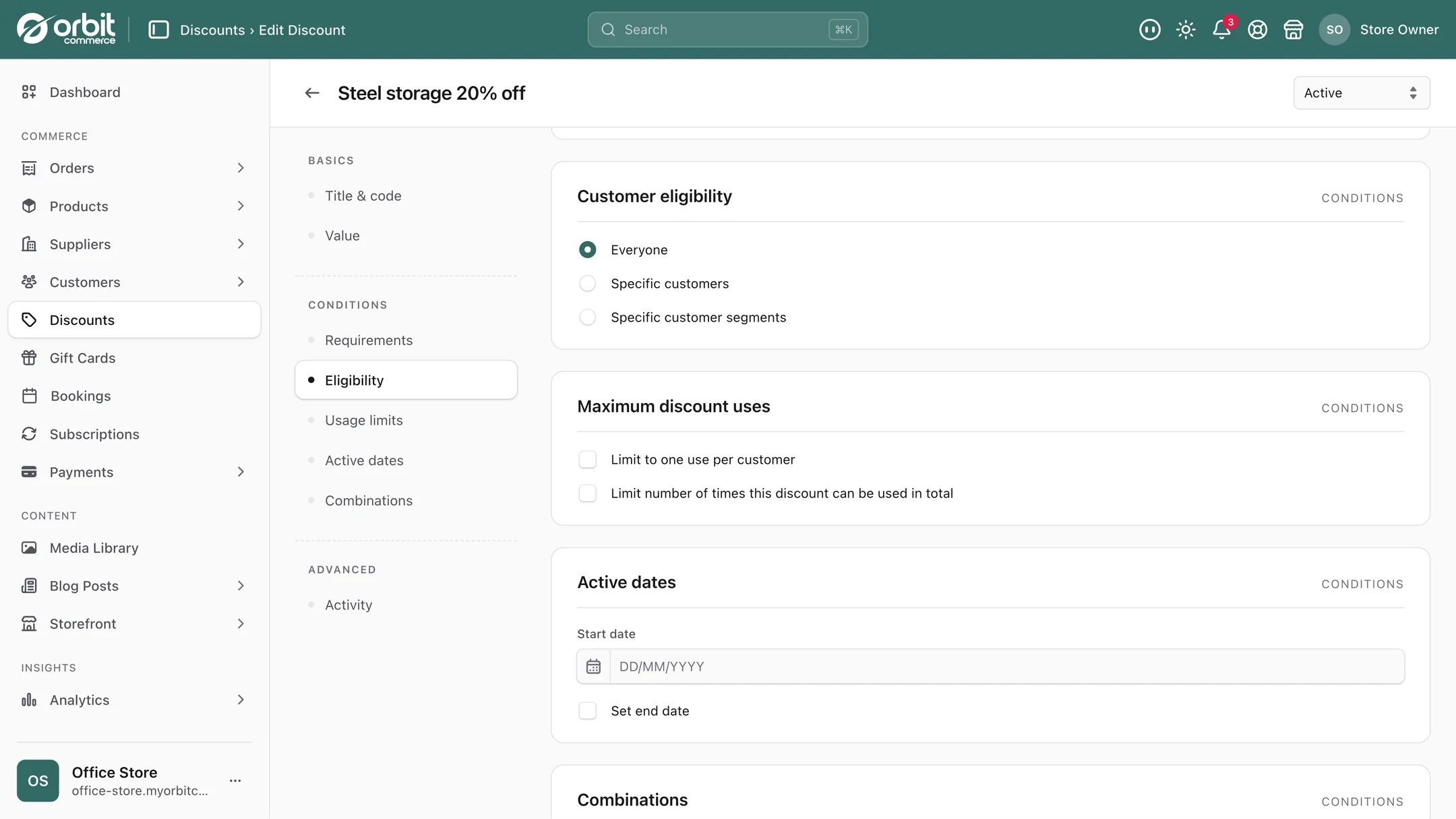 The Customer eligibility panel on a discount offering everyone, specific customers or specific customer segments