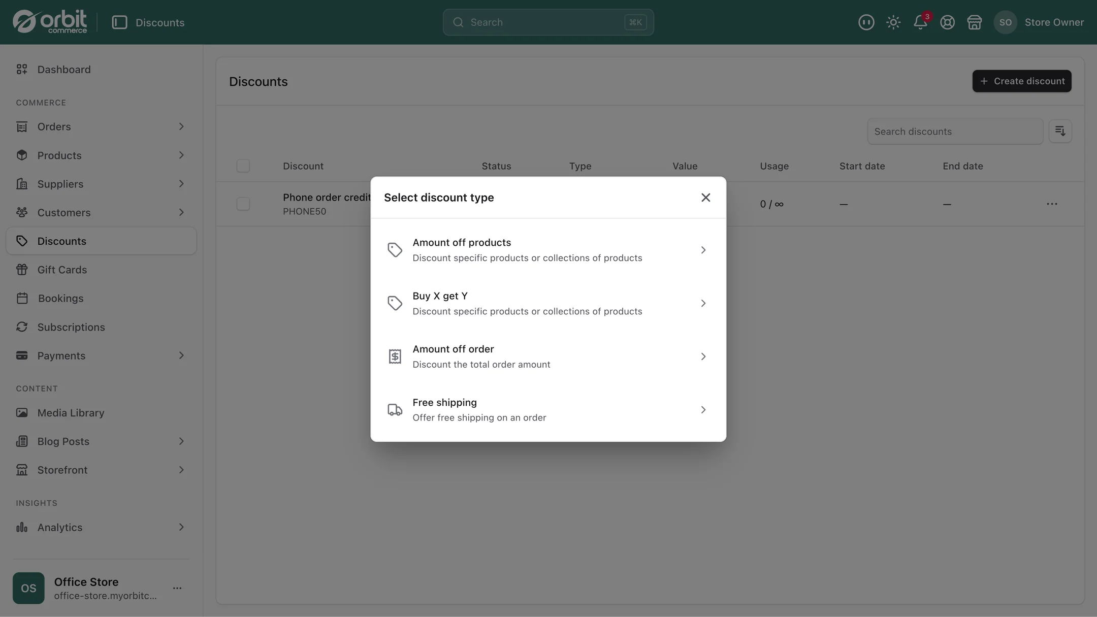 The Select discount type dialog offering amount off products, buy X get Y, amount off order and free shipping