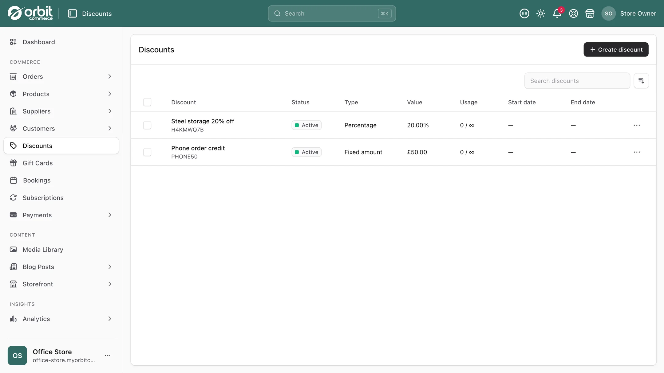The Discounts list showing each discount with its status, type, value, usage count and dates