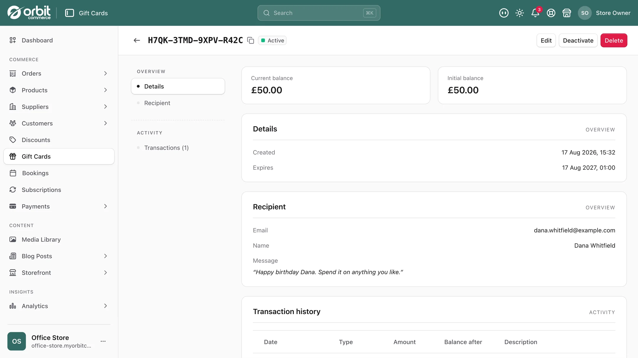 A gift card record showing its current and initial balance, recipient details and transaction history