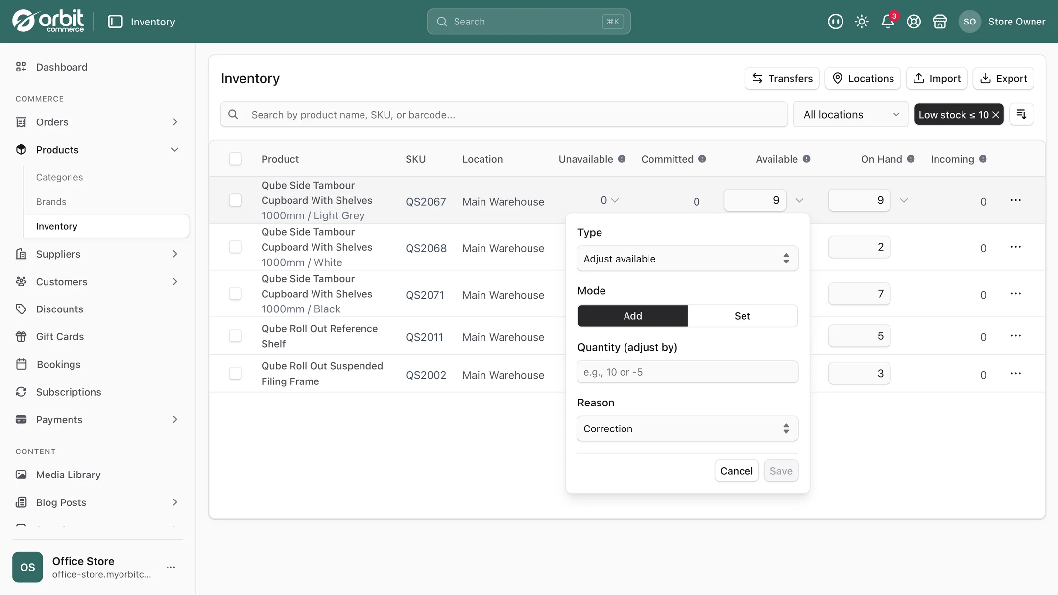 The stock adjustment popover showing a Mode toggle with Add and Set options, a quantity box and a reason