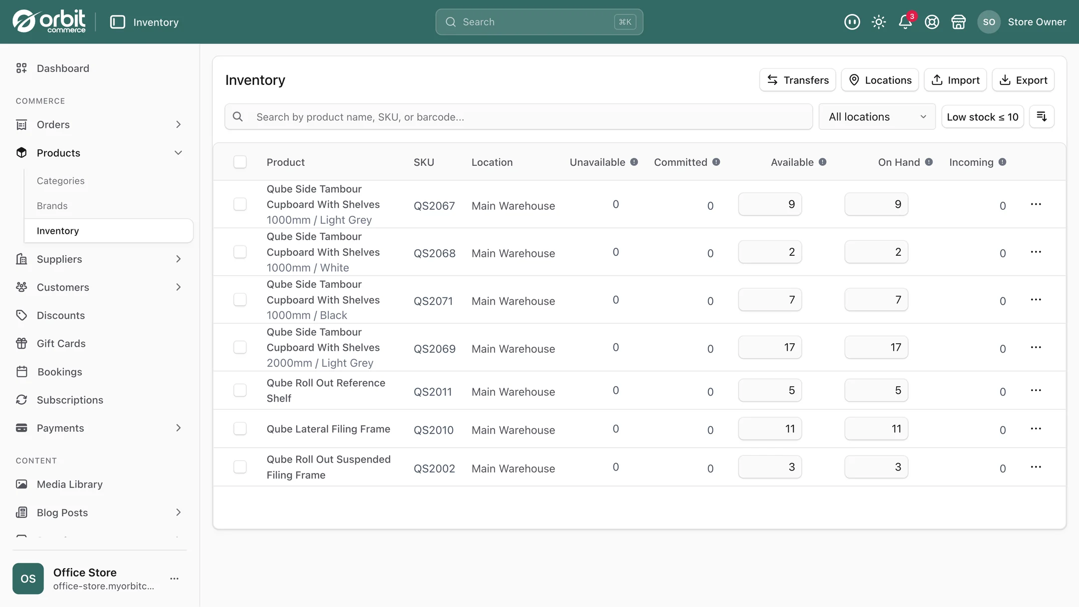 The Inventory list in Orbit Commerce showing products by location with unavailable, committed, available, on hand and incoming columns
