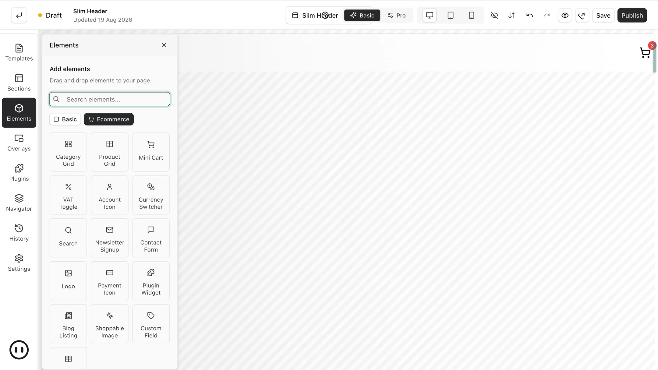 The header builder element palette showing Mini Cart, Account Icon, Currency Switcher, Search and VAT Toggle blocks
