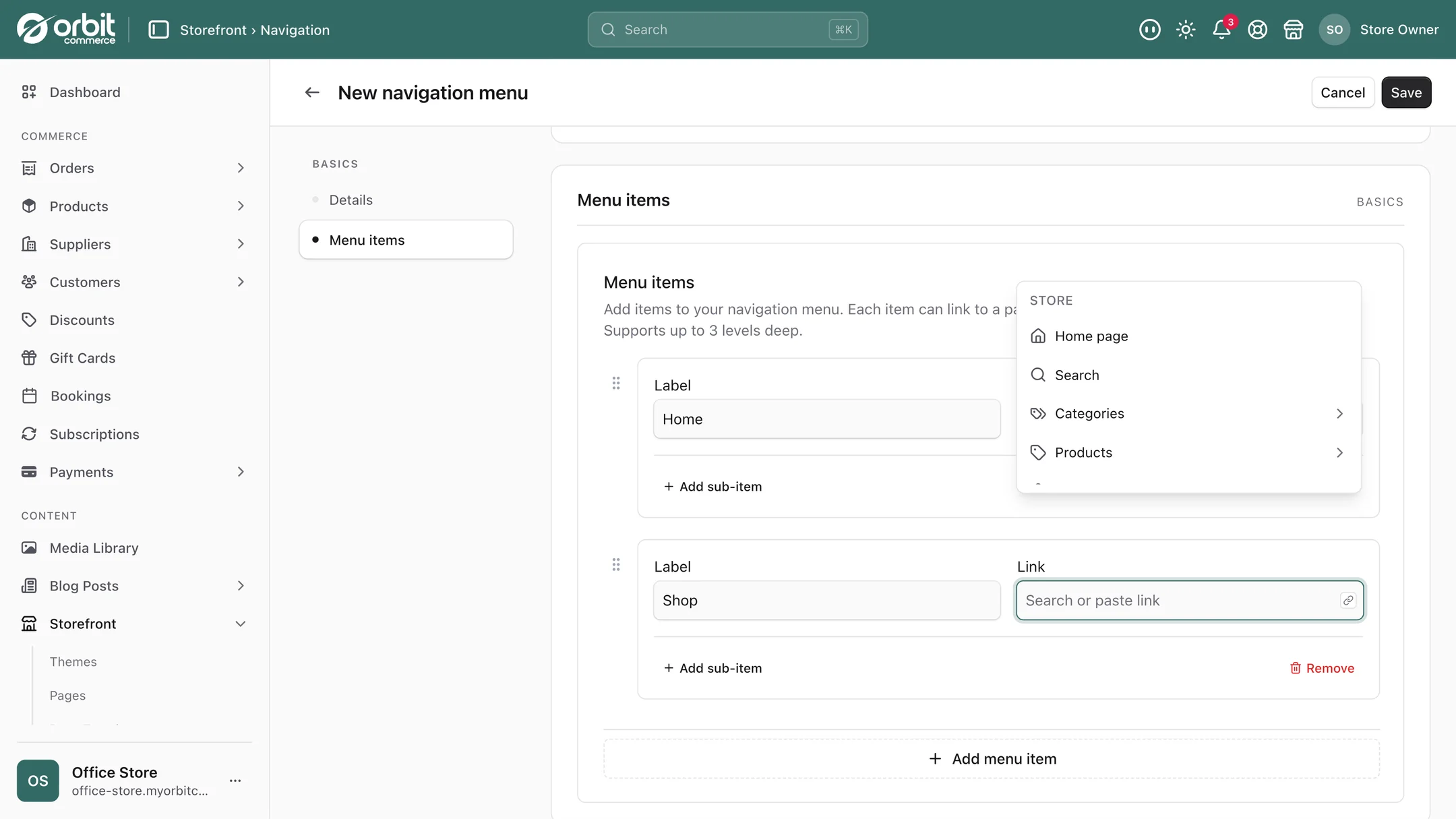 The navigation link picker in Orbit Commerce offering the home page, search, categories and products