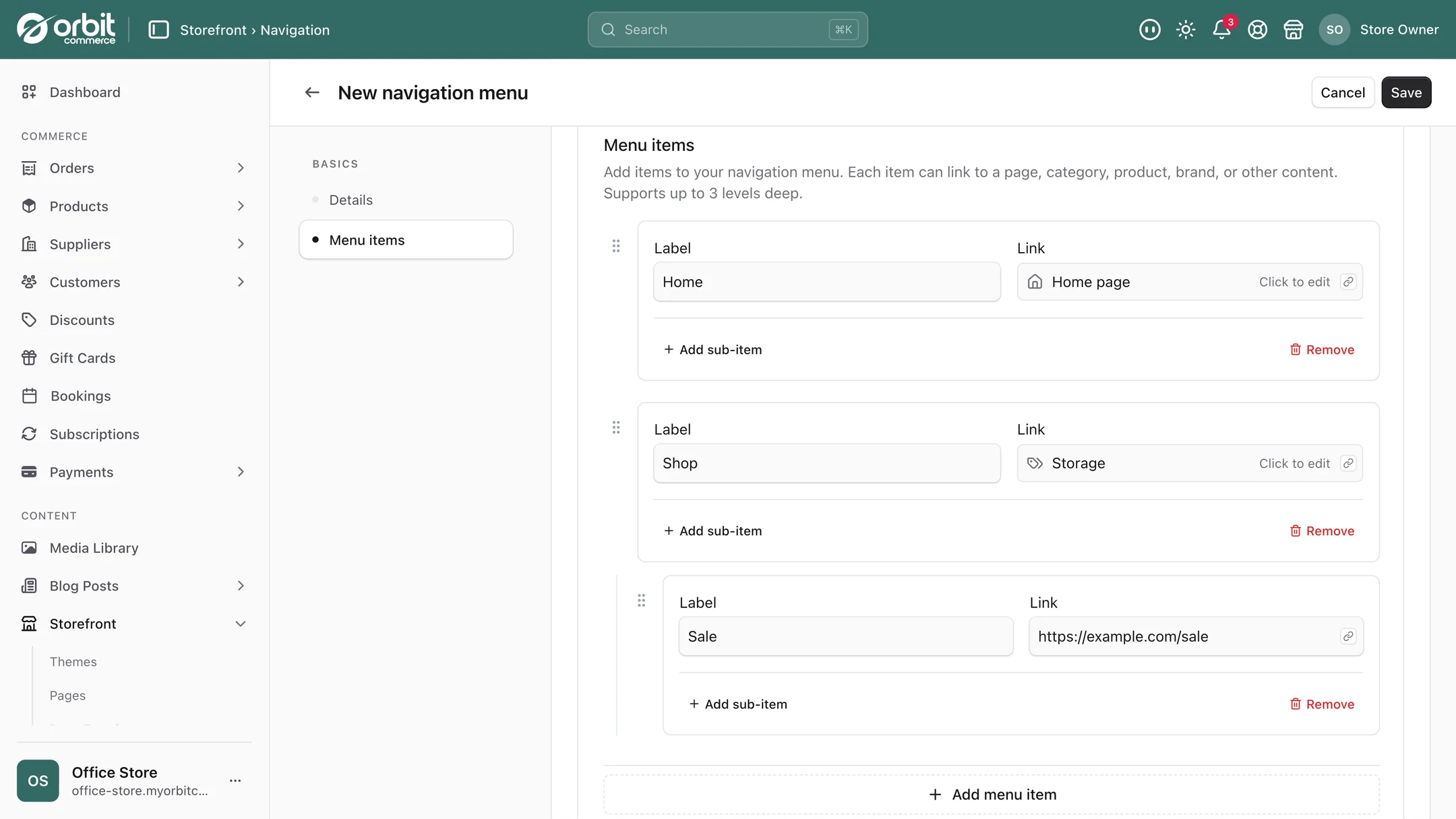 A navigation menu being edited with top level items and a nested sub-item beneath one of them