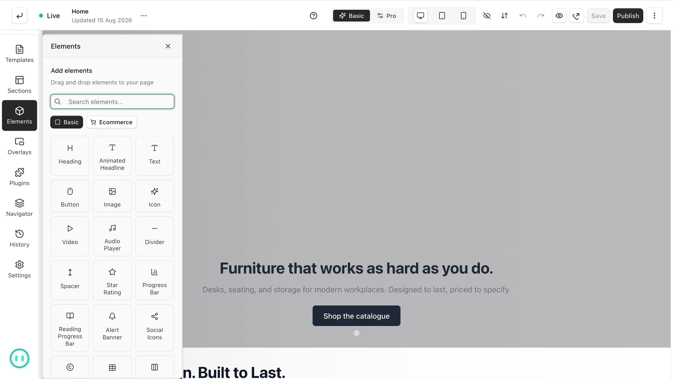 The Orbit Commerce page builder with the Elements panel open, showing blocks such as Heading, Button, Image, Video and Star Rating