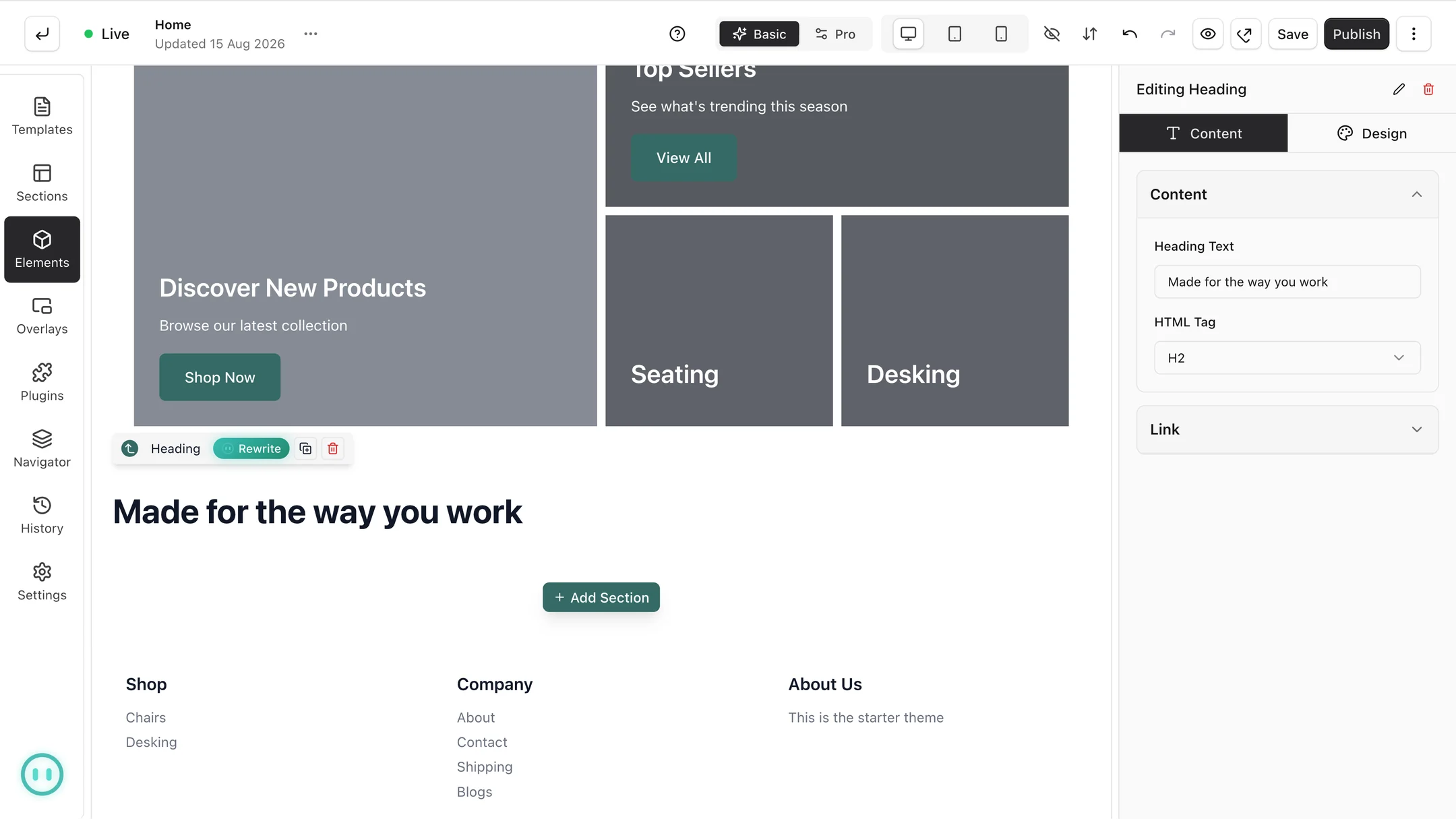 The page builder inspector open on the Design tab, showing typography, hover effect and spacing controls