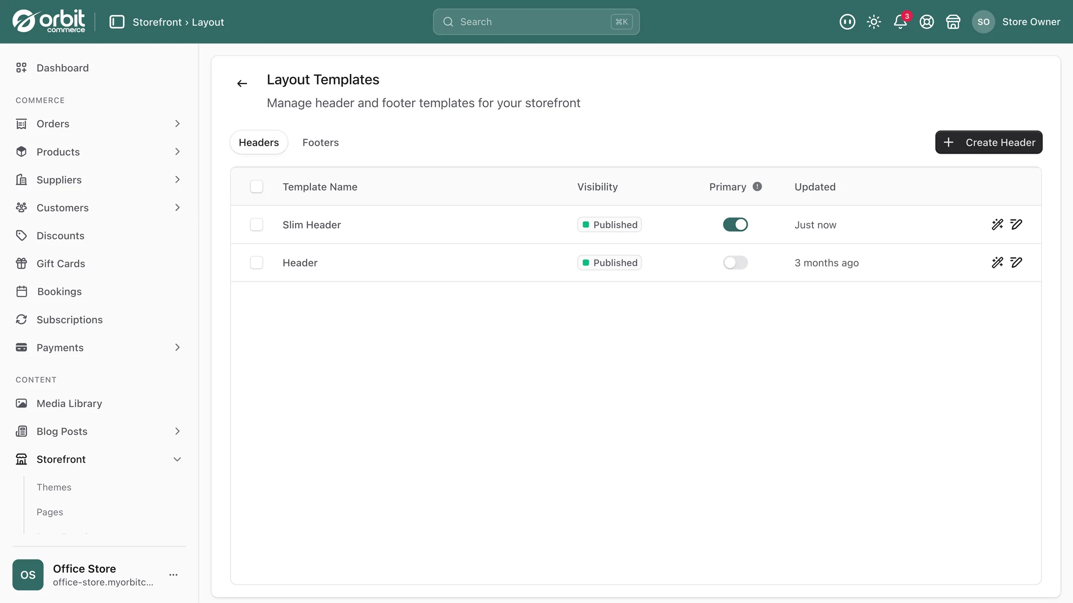 The Layout Templates screen listing header templates with their published state and which one is primary