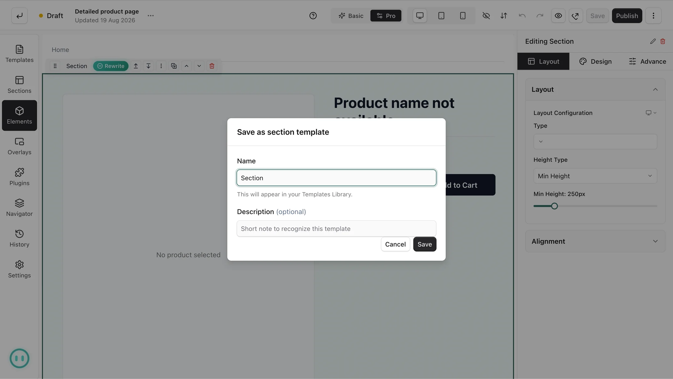 The Save as section template dialog in the page builder, naming a section so it appears in the Templates Library