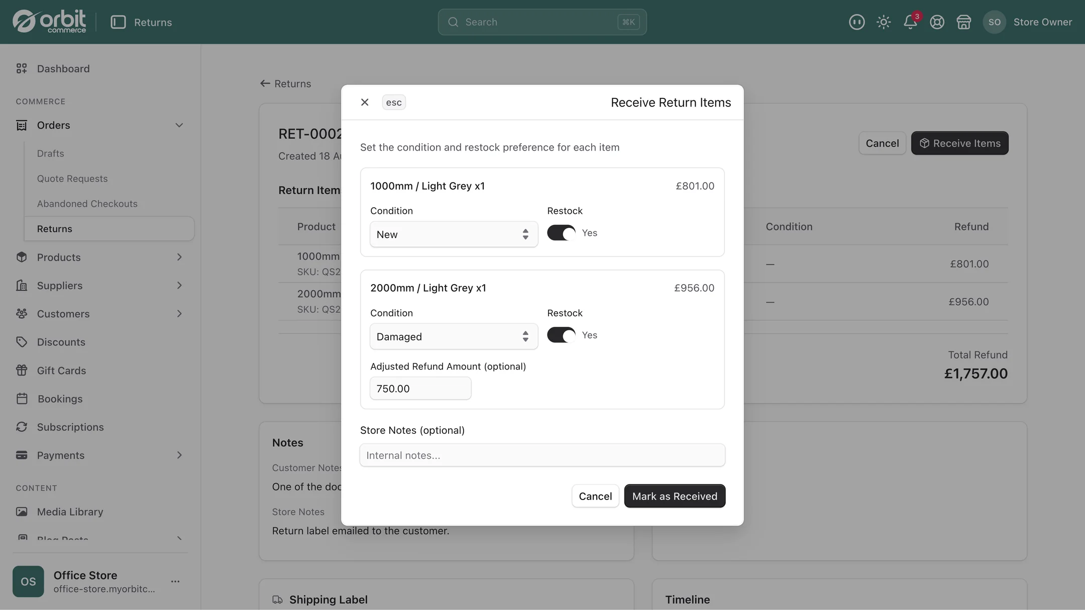 The Receive Return Items dialog setting a condition and restock preference per item, with an adjusted refund amount