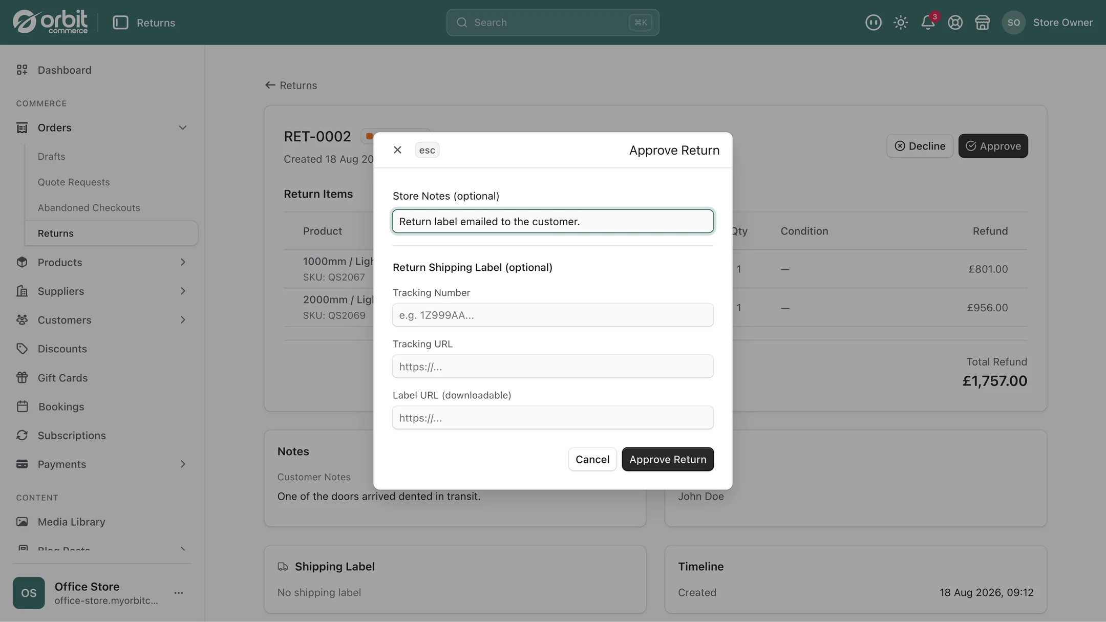 The Approve Return dialog with fields for a tracking number, tracking URL and downloadable label URL