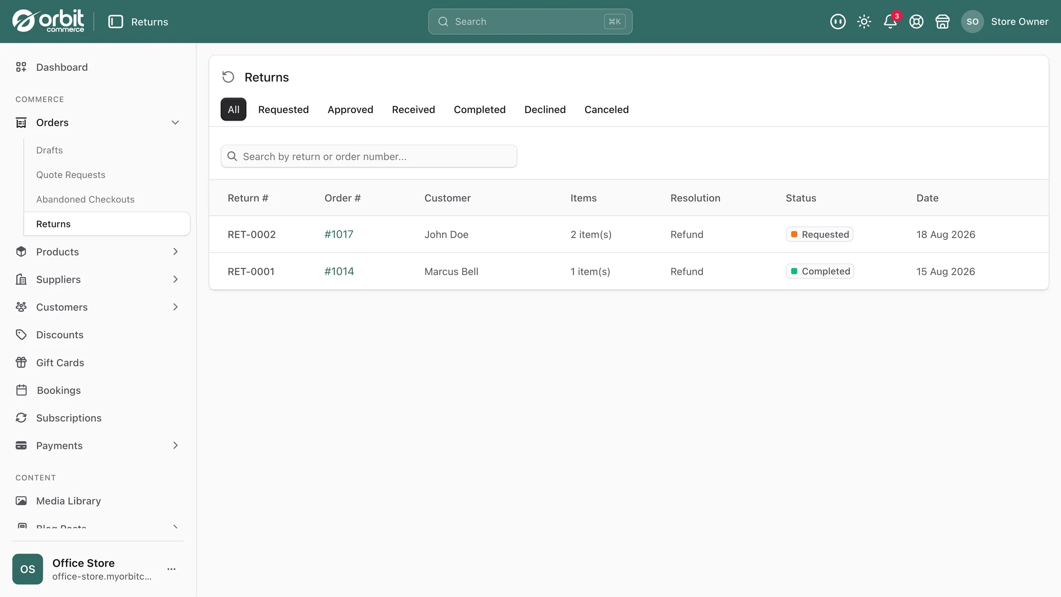 The Returns list in Orbit Commerce with tabs for requested, approved, received, completed, declined and cancelled returns