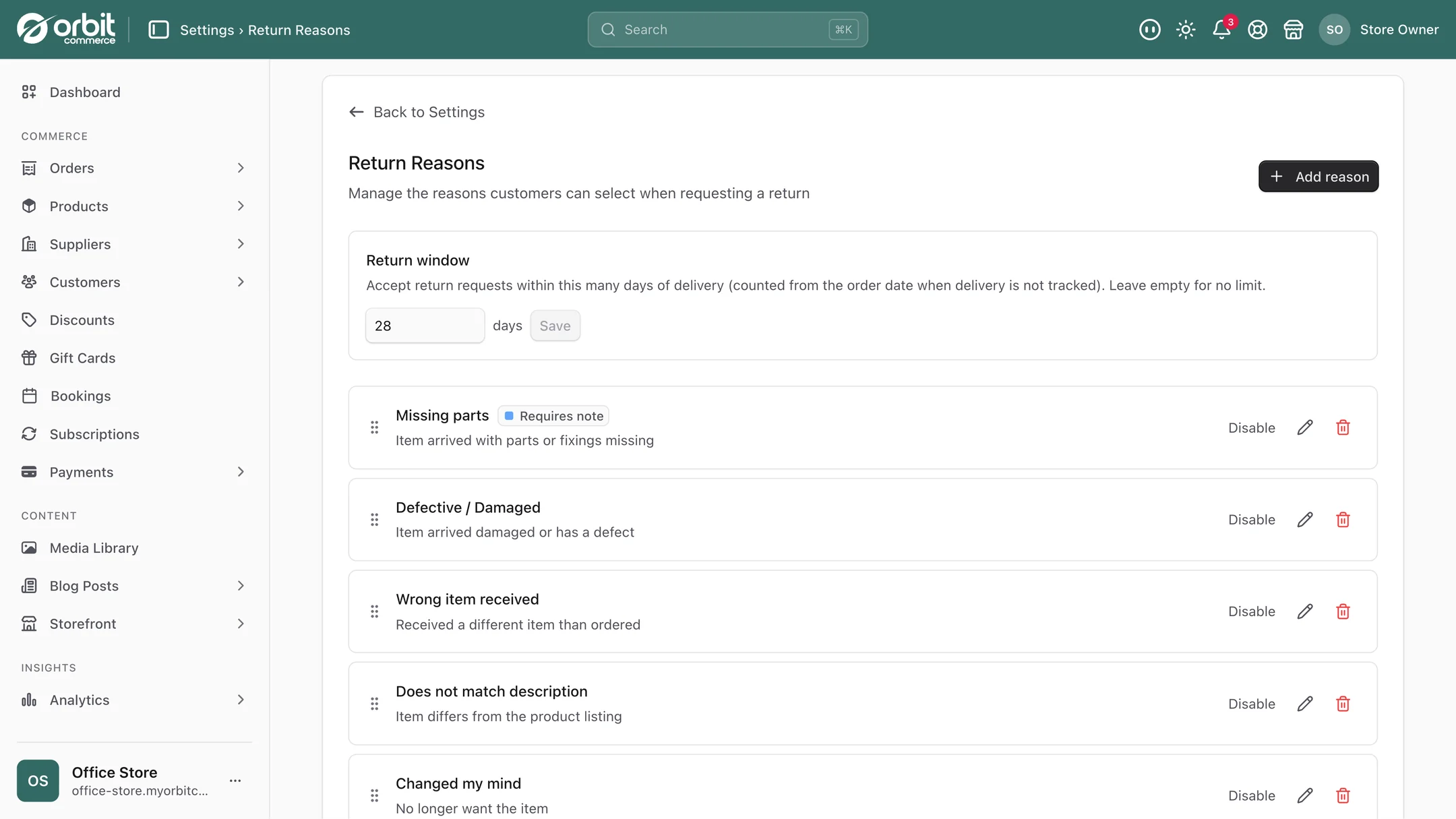 The Return Reasons settings screen showing a return window in days and a list of reasons including Missing parts and Defective or damaged
