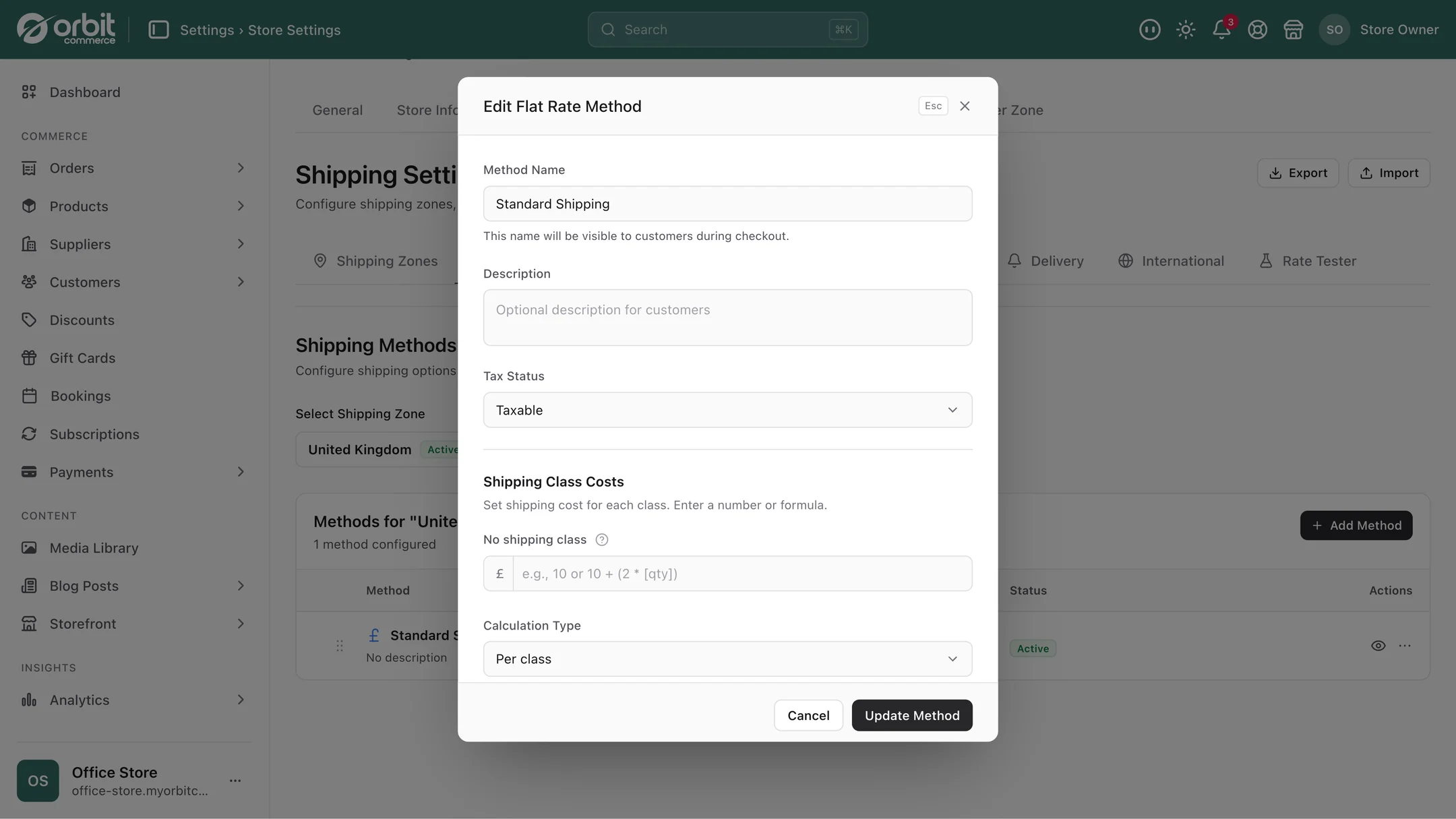 The Edit Flat Rate Method dialog showing a Shipping Class Costs section with a cost box per class and a Calculation Type of Per class