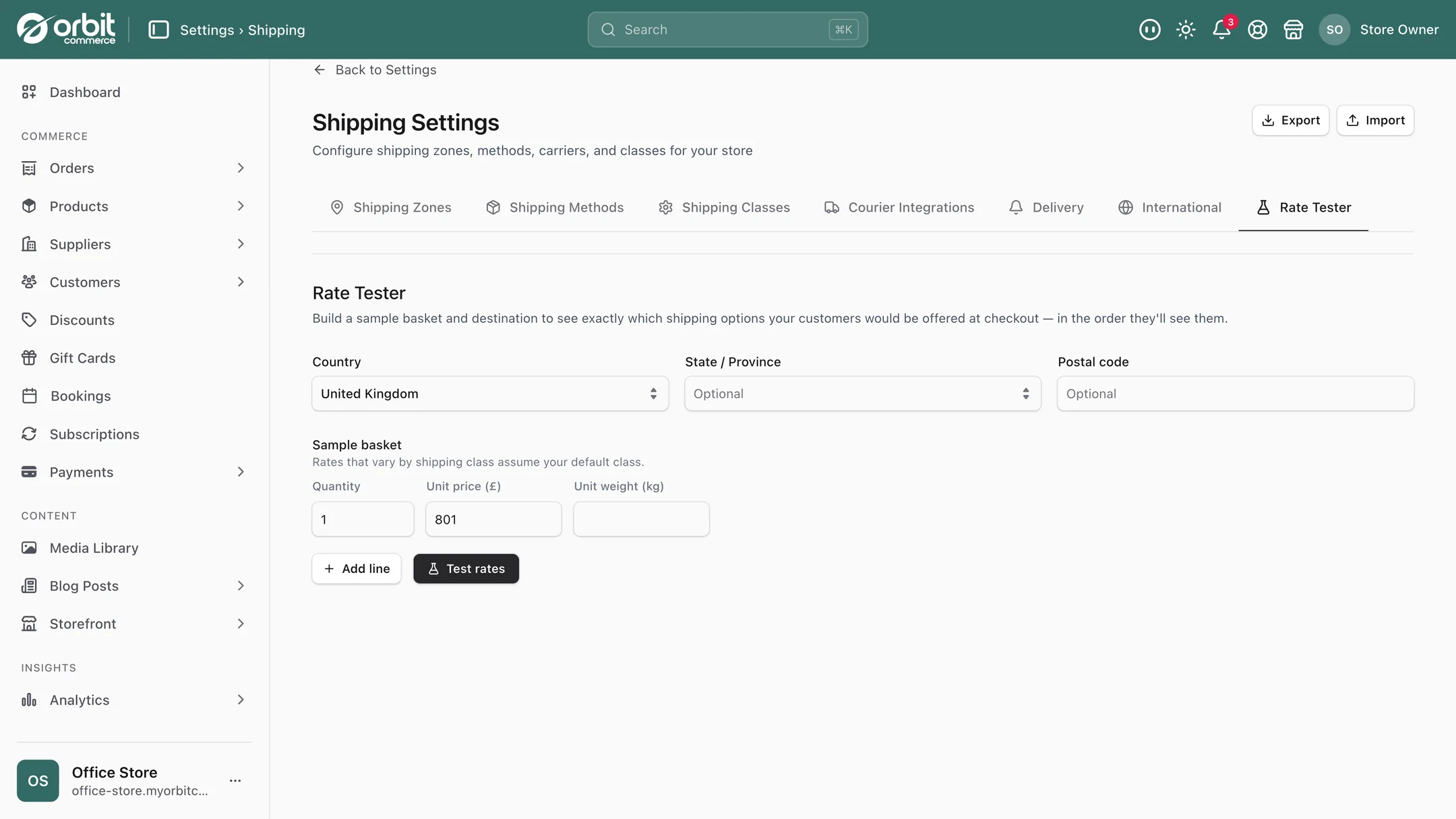 The Rate Tester tab with a country, a sample basket and a Test rates button