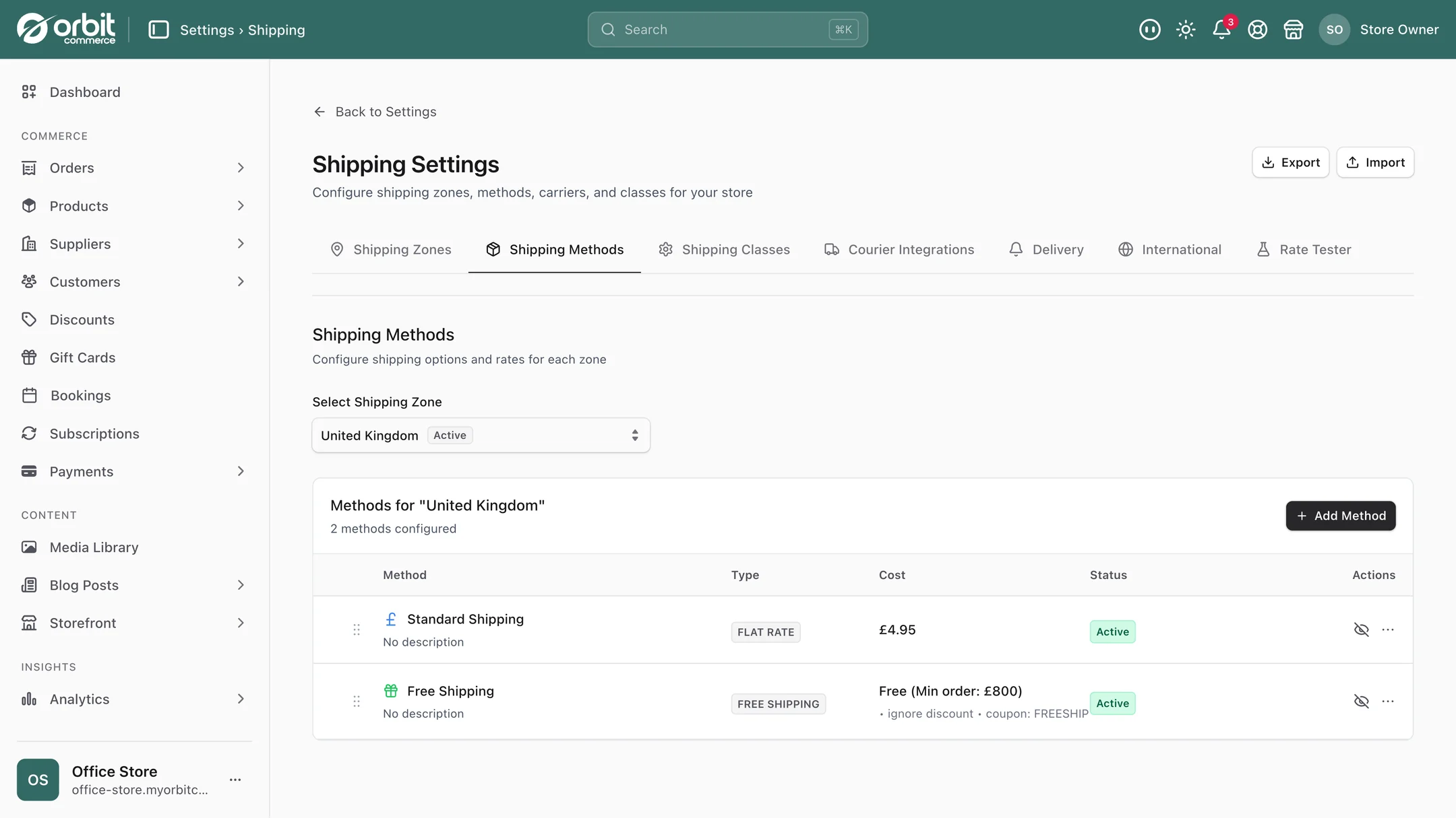 The Shipping Methods list showing Standard Shipping at four pounds ninety five and Free Shipping with a minimum order of eight hundred pounds