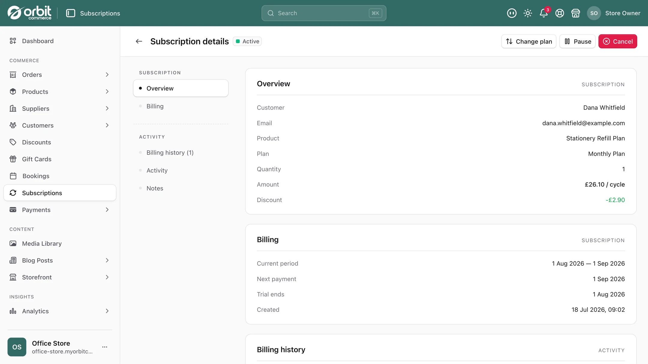 A customer subscription in Orbit Commerce showing the plan, quantity, amount per cycle, current period and next payment date