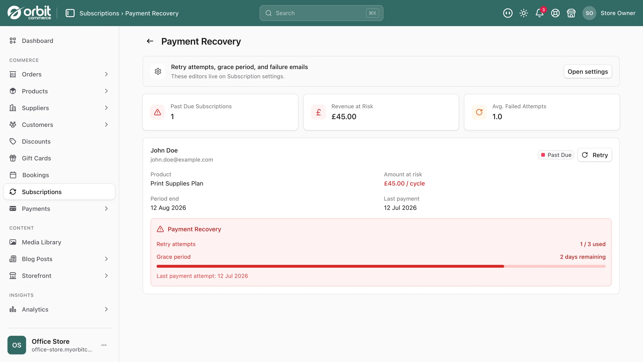 The Payment Recovery screen showing past due subscriptions, revenue at risk, average failed attempts and a retry countdown